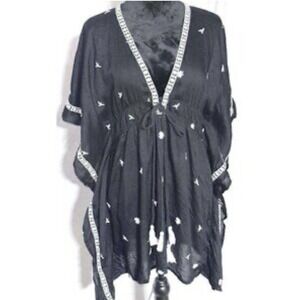 Raviya Brand Embroidered Beach Cover-up/Tunic Dress, Black, White Tassels, Small